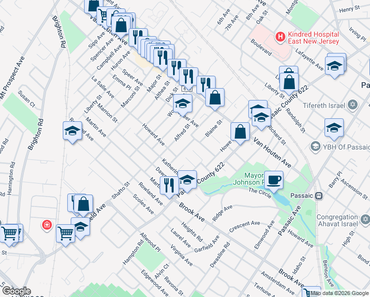 map of restaurants, bars, coffee shops, grocery stores, and more near 177 Willet Street in Passaic