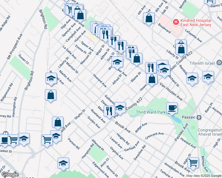 map of restaurants, bars, coffee shops, grocery stores, and more near 18 Howard Avenue in Clifton