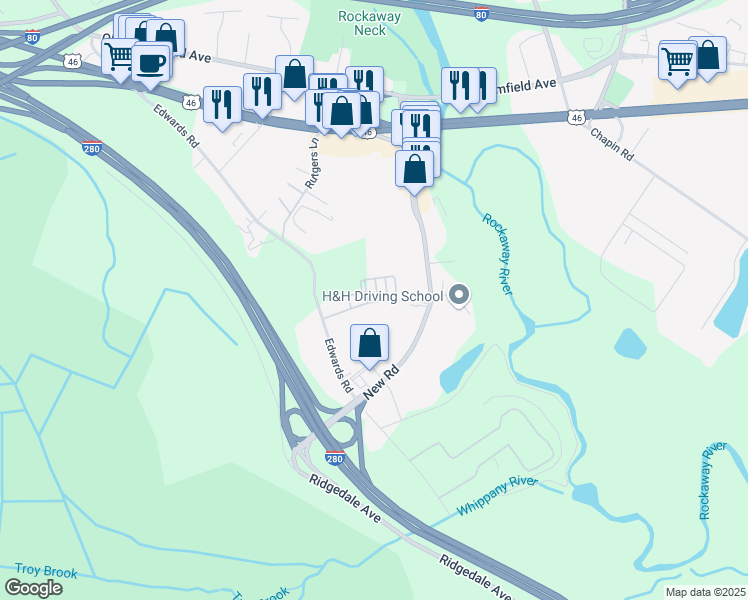 map of restaurants, bars, coffee shops, grocery stores, and more near 889 Edwards Road in Parsippany-Troy Hills