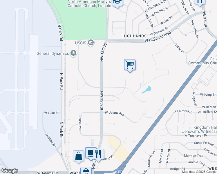 map of restaurants, bars, coffee shops, grocery stores, and more near 700-1198 Kingbird Road in Lincoln