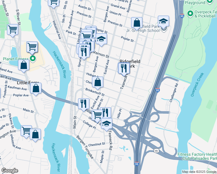 map of restaurants, bars, coffee shops, grocery stores, and more near 116 Christie Street in Ridgefield Park