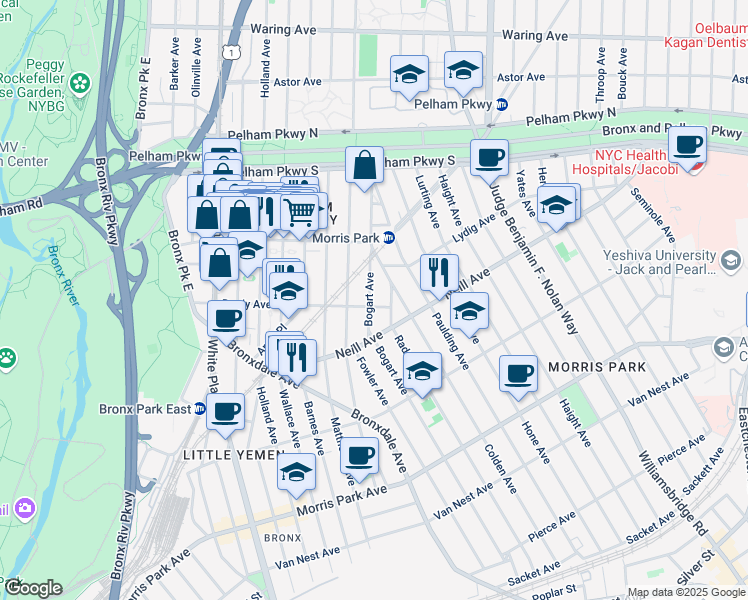 map of restaurants, bars, coffee shops, grocery stores, and more near 939 Brady Avenue in Bronx