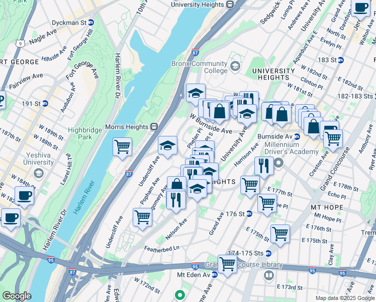 map of restaurants, bars, coffee shops, grocery stores, and more near 1814B Phelan Place in Bronx