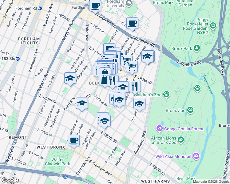 map of restaurants, bars, coffee shops, grocery stores, and more near 2290 Belmont Avenue in Bronx