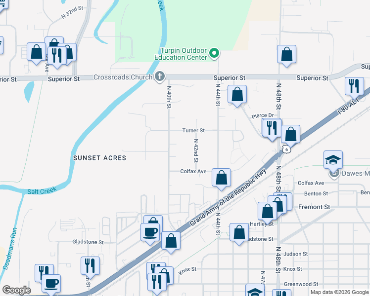 map of restaurants, bars, coffee shops, grocery stores, and more near 4037 Turner Street in Lincoln
