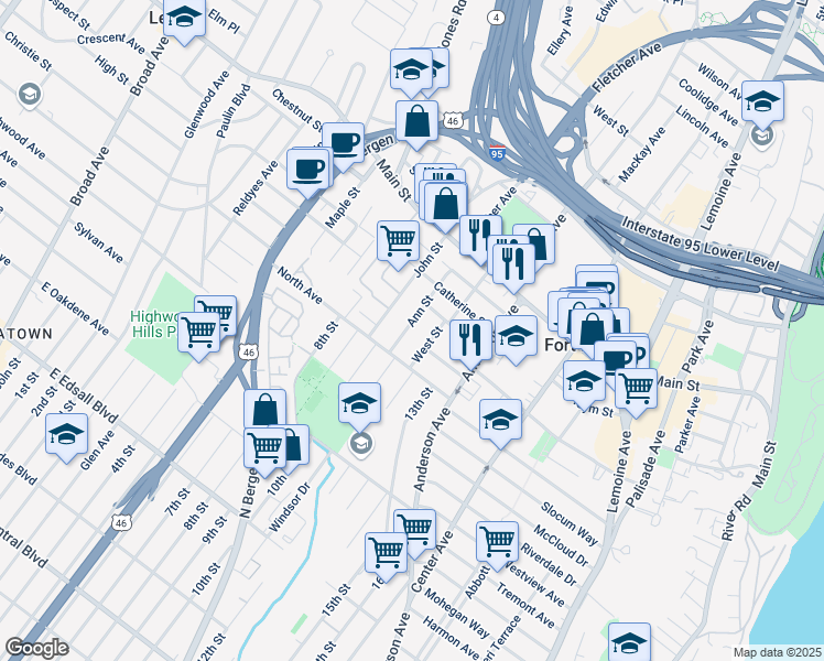map of restaurants, bars, coffee shops, grocery stores, and more near 1578 Ann Street in Fort Lee
