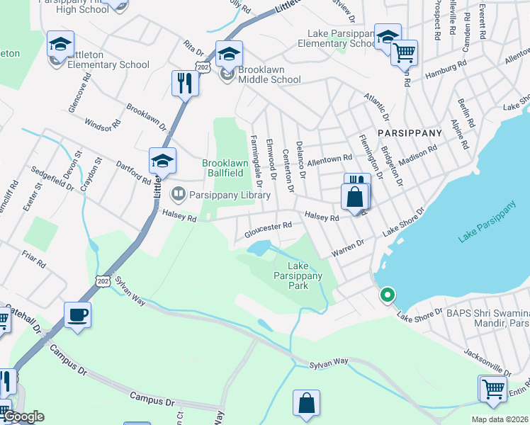 map of restaurants, bars, coffee shops, grocery stores, and more near 327 Halsey Road in Parsippany-Troy Hills