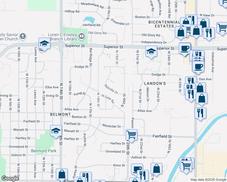 map of restaurants, bars, coffee shops, grocery stores, and more near 4100 Bellville Drive in Lincoln