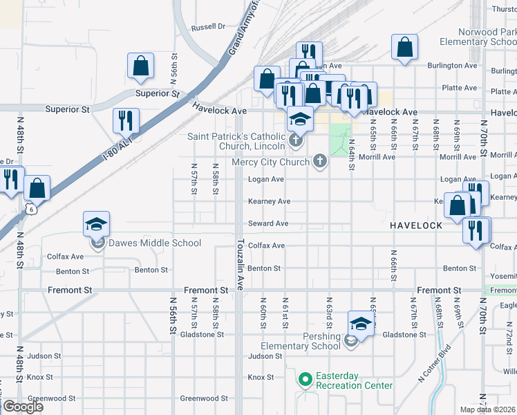 map of restaurants, bars, coffee shops, grocery stores, and more near 3931 North 60th Street in Lincoln
