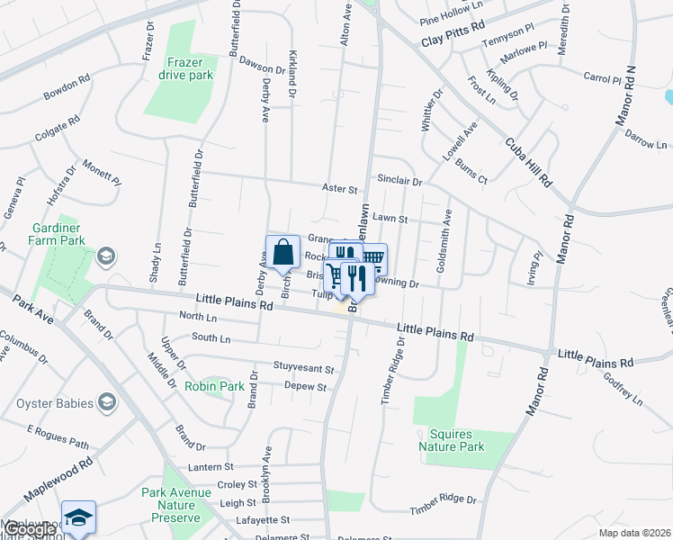 map of restaurants, bars, coffee shops, grocery stores, and more near 7 Bristol Street in Huntington