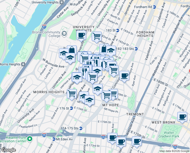 map of restaurants, bars, coffee shops, grocery stores, and more near 2003 Walton Avenue in The Bronx