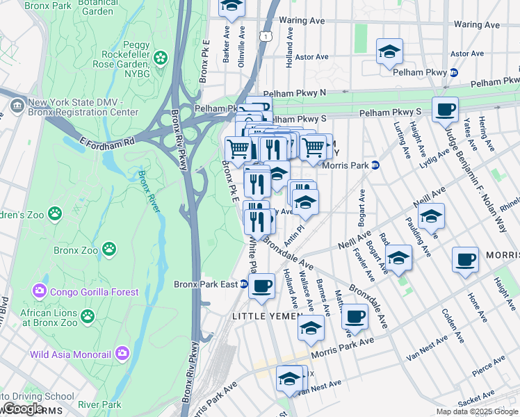map of restaurants, bars, coffee shops, grocery stores, and more near 707 Brady Avenue in The Bronx