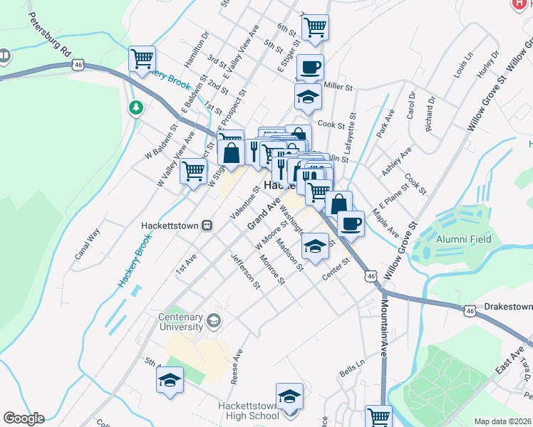 map of restaurants, bars, coffee shops, grocery stores, and more near 210 Washington Street in Hackettstown