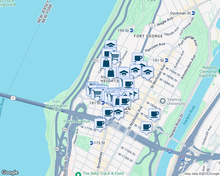 map of restaurants, bars, coffee shops, grocery stores, and more near 536 Fort Washington Avenue in New York