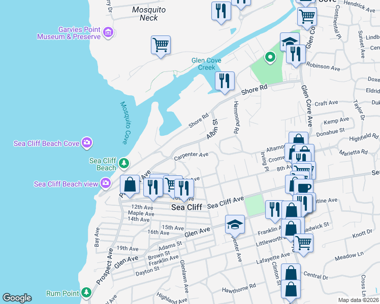 map of restaurants, bars, coffee shops, grocery stores, and more near 63 Carpenter Avenue in Sea Cliff