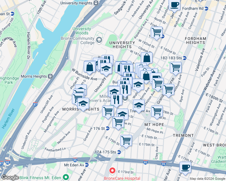 map of restaurants, bars, coffee shops, grocery stores, and more near 1975 Grand Avenue in Bronx