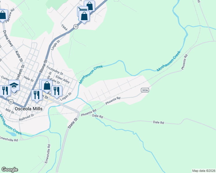 map of restaurants, bars, coffee shops, grocery stores, and more near 101 Howard Street in Osceola Mills