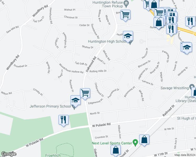 map of restaurants, bars, coffee shops, grocery stores, and more near 24 Hillwood Drive in Huntington Station