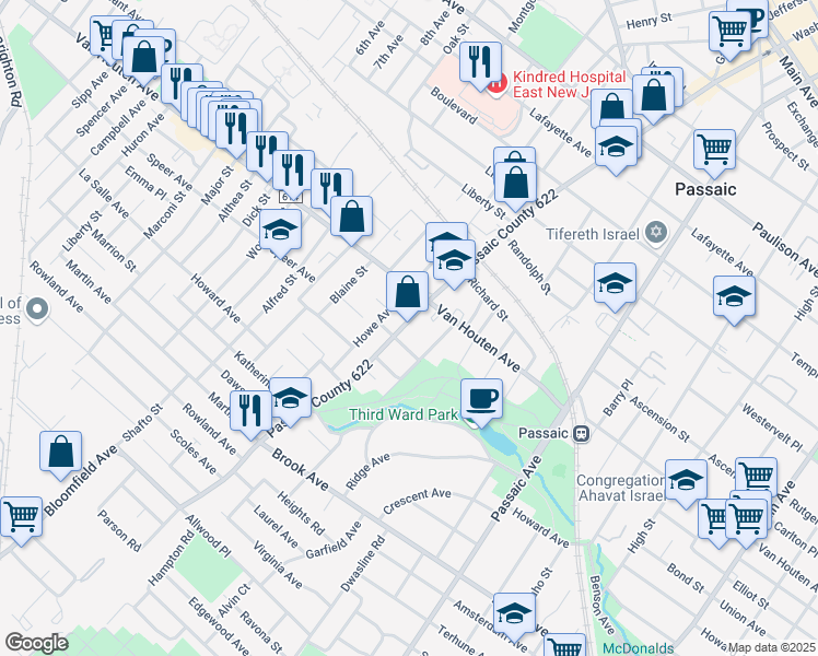 map of restaurants, bars, coffee shops, grocery stores, and more near 435 Broadway in Passaic