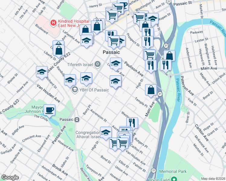map of restaurants, bars, coffee shops, grocery stores, and more near 176 Pennington Avenue in Passaic