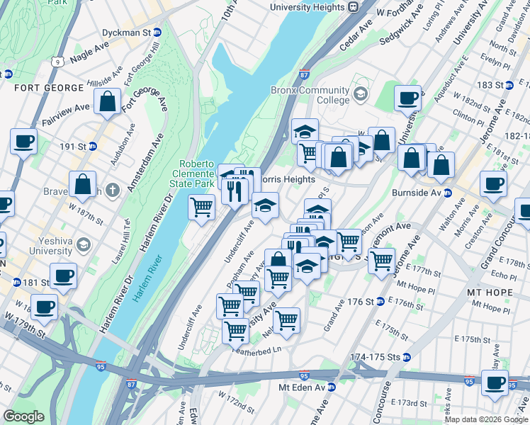 map of restaurants, bars, coffee shops, grocery stores, and more near in The Bronx