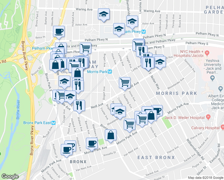 map of restaurants, bars, coffee shops, grocery stores, and more near 2019 Colden Avenue in Bronx