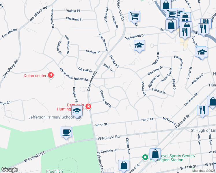 map of restaurants, bars, coffee shops, grocery stores, and more near 31 Hillwood Drive in Huntington Station