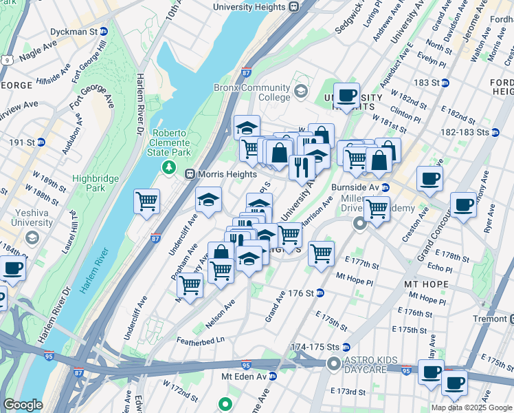 map of restaurants, bars, coffee shops, grocery stores, and more near 1820 Loring Place South in Bronx