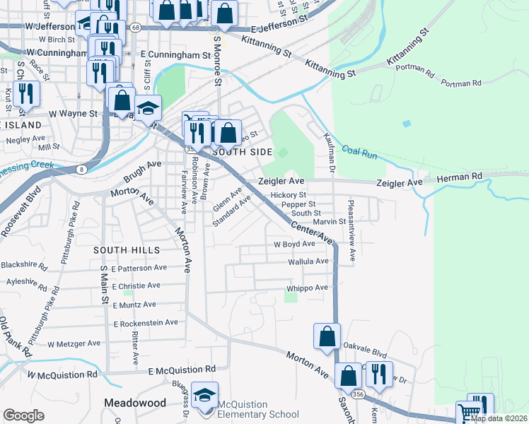 map of restaurants, bars, coffee shops, grocery stores, and more near 606 Pennsylvania 356 in Butler