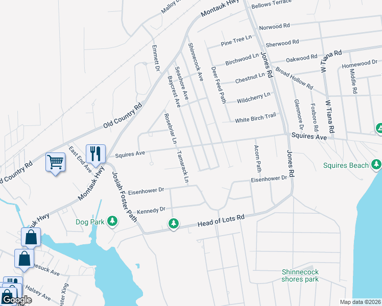 map of restaurants, bars, coffee shops, grocery stores, and more near 42 Baycrest Avenue in East Quogue