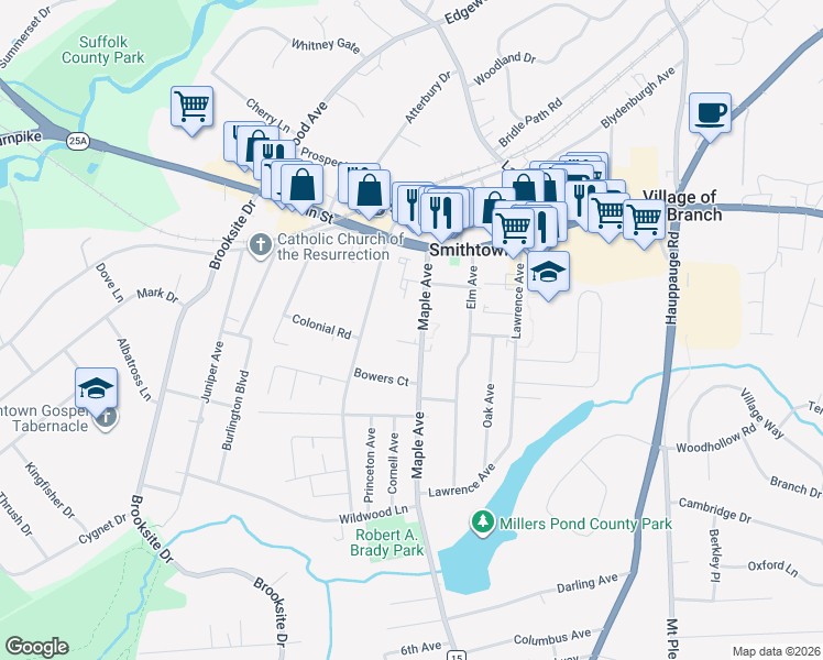 map of restaurants, bars, coffee shops, grocery stores, and more near 80 Maple Avenue in Smithtown