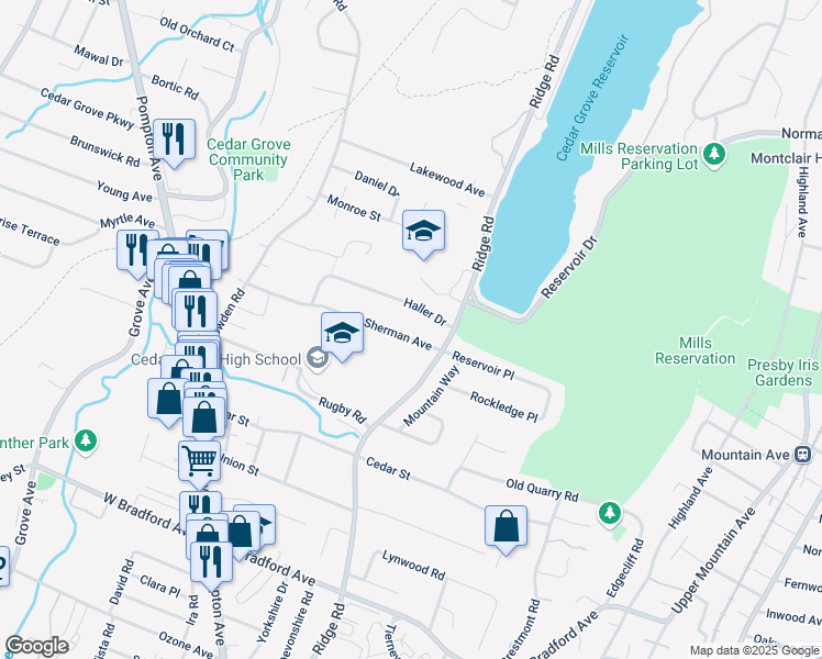 map of restaurants, bars, coffee shops, grocery stores, and more near 135 Sherman Avenue in Cedar Grove