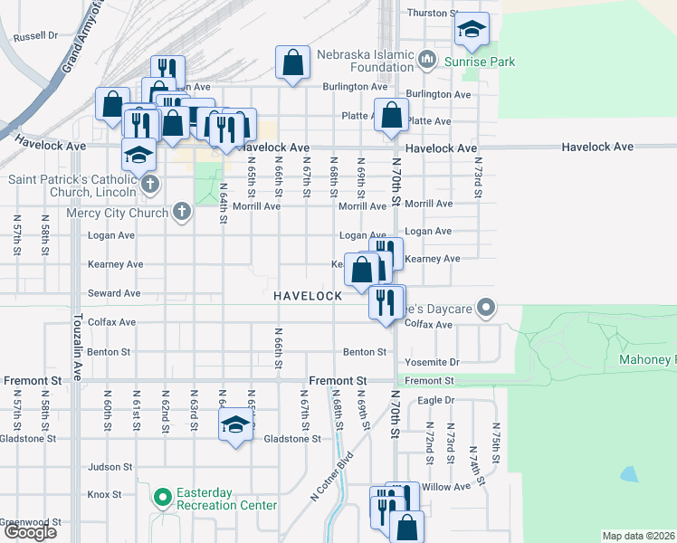 map of restaurants, bars, coffee shops, grocery stores, and more near 6841 Kearney Avenue in Lincoln