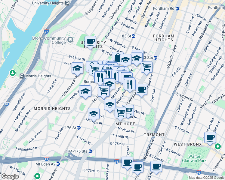 map of restaurants, bars, coffee shops, grocery stores, and more near 2020 Walton Avenue in The Bronx
