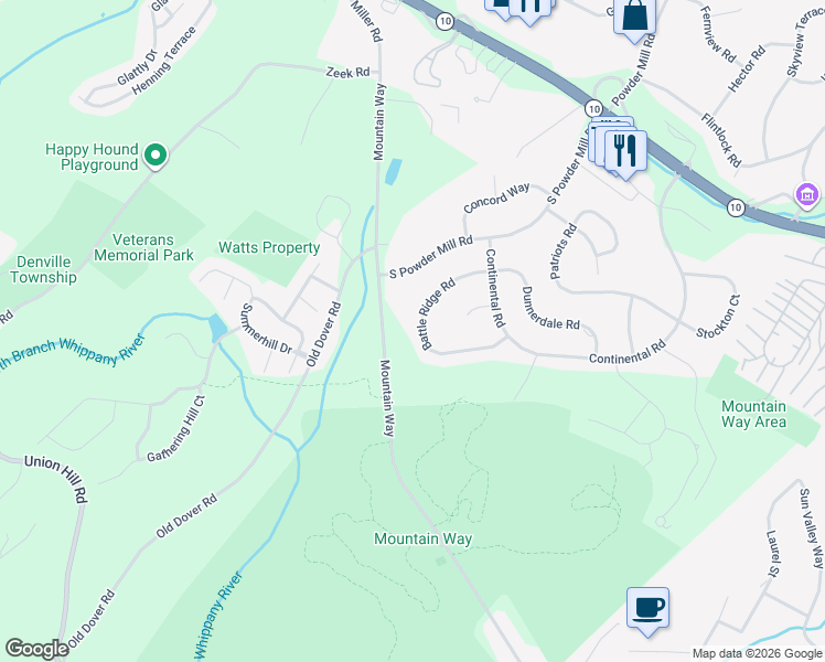 map of restaurants, bars, coffee shops, grocery stores, and more near 29 Battle Ridge Rd in Morris Plains