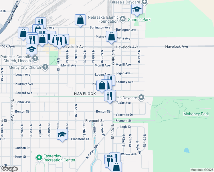 map of restaurants, bars, coffee shops, grocery stores, and more near 6925 Kearney Avenue in Lincoln