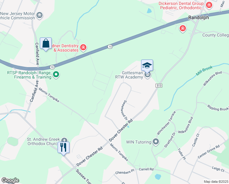 map of restaurants, bars, coffee shops, grocery stores, and more near 26 Sweetwood Drive in Randolph