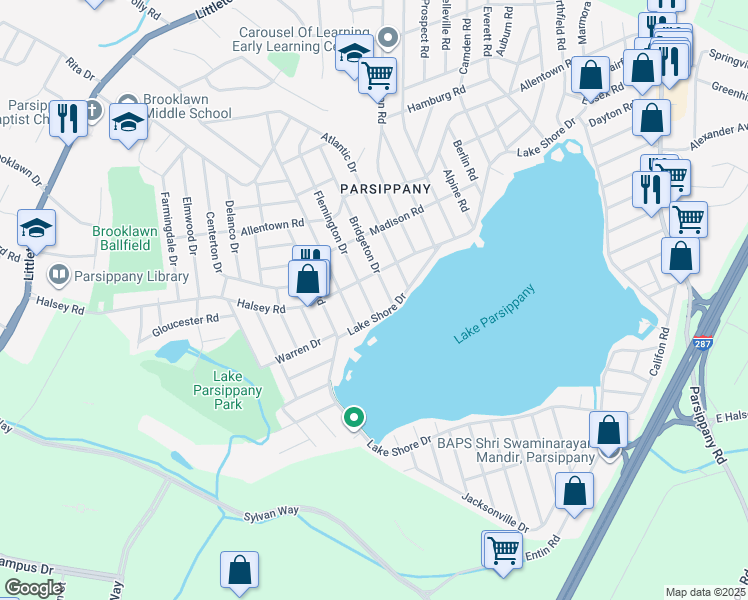 map of restaurants, bars, coffee shops, grocery stores, and more near 11 Bridgeton Drive in Parsippany-Troy Hills
