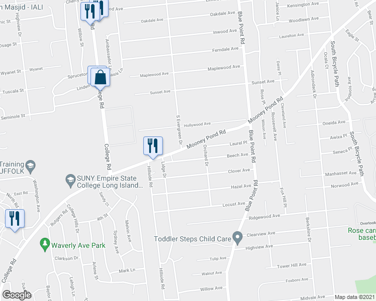 map of restaurants, bars, coffee shops, grocery stores, and more near 352 Mooney Pond Road in Farmingville