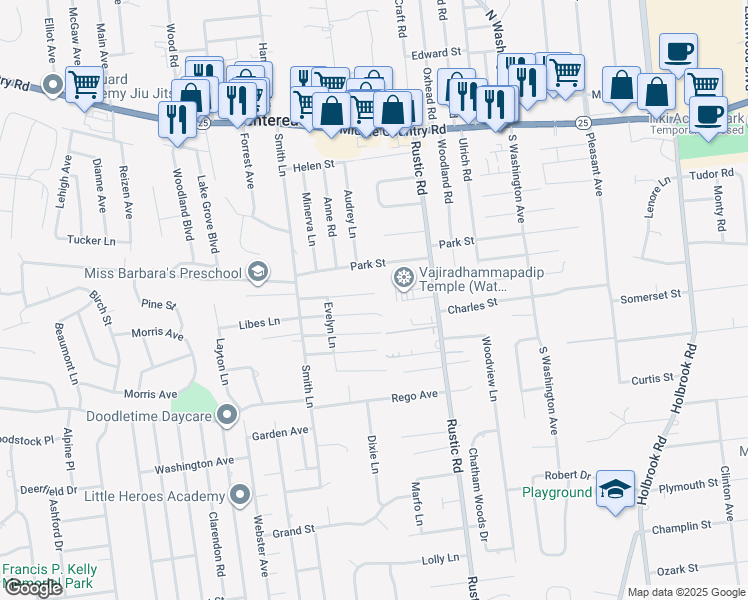 map of restaurants, bars, coffee shops, grocery stores, and more near 28 Van Bergen Boulevard in Centereach