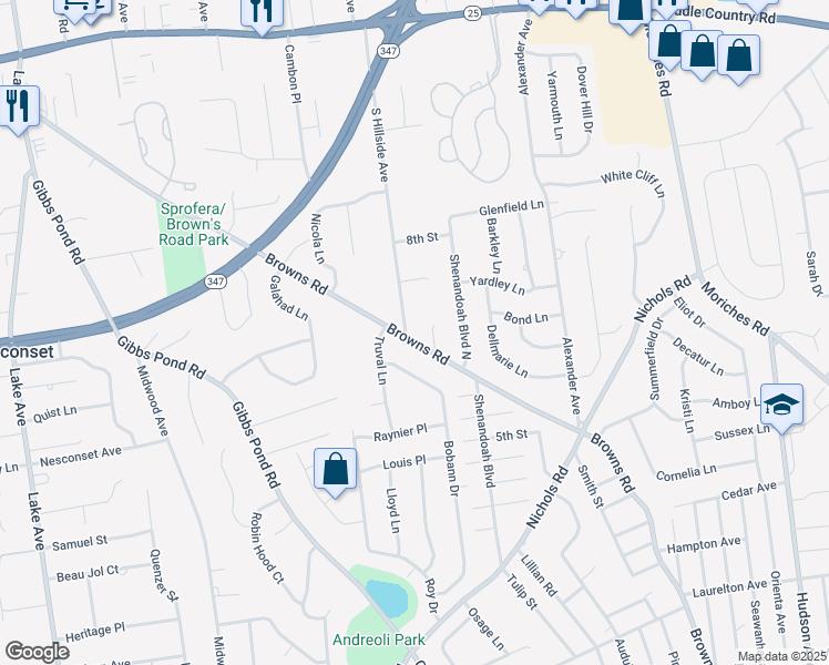 map of restaurants, bars, coffee shops, grocery stores, and more near 155 South Hillside Avenue in Nesconset