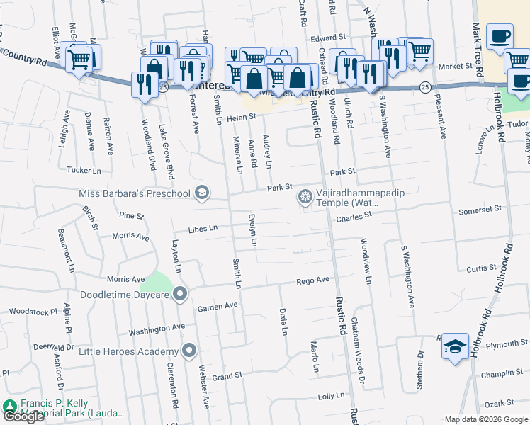 map of restaurants, bars, coffee shops, grocery stores, and more near 20 Van Bergen Boulevard in Centereach