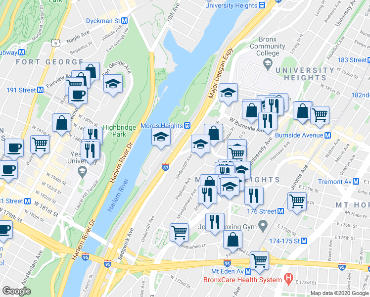 map of restaurants, bars, coffee shops, grocery stores, and more near 1808 Cedar Avenue in Bronx