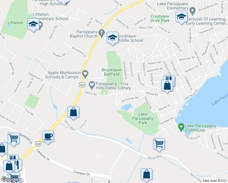 map of restaurants, bars, coffee shops, grocery stores, and more near 369 Halsey Road in Parsippany-Troy Hills