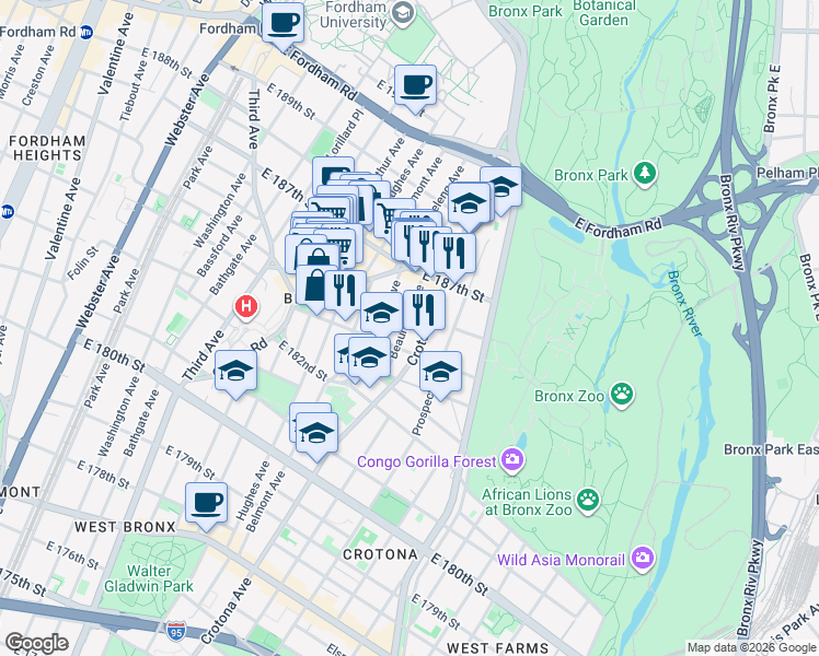map of restaurants, bars, coffee shops, grocery stores, and more near in The Bronx