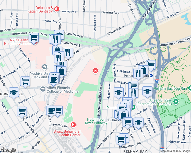 map of restaurants, bars, coffee shops, grocery stores, and more near 1200 Waters Place in The Bronx