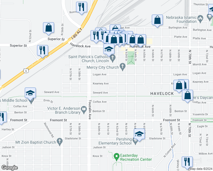 map of restaurants, bars, coffee shops, grocery stores, and more near 6041 Kearney Avenue in Lincoln