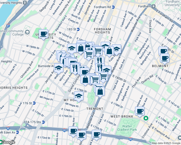 map of restaurants, bars, coffee shops, grocery stores, and more near 2060 Anthony Avenue in Bronx