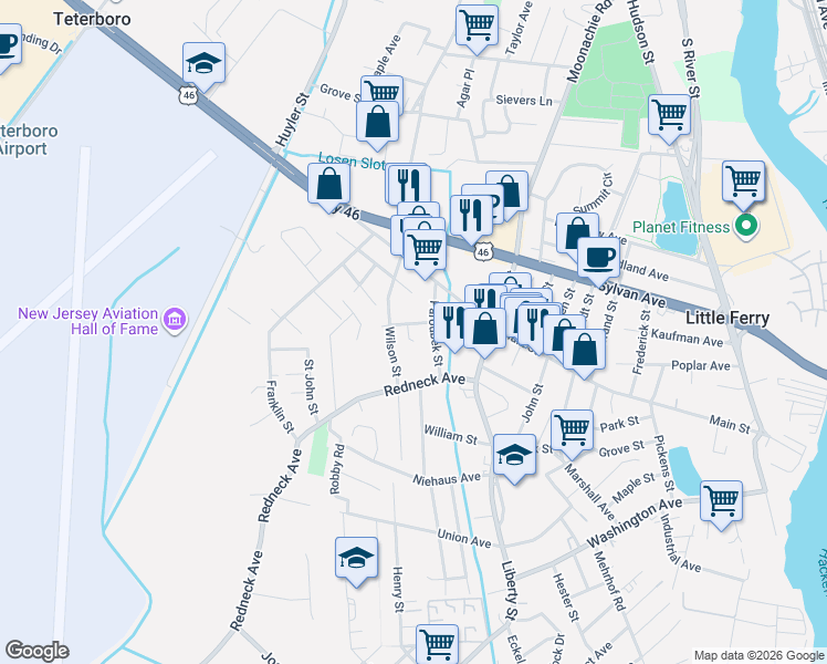 map of restaurants, bars, coffee shops, grocery stores, and more near 11 Garfield Street in Little Ferry