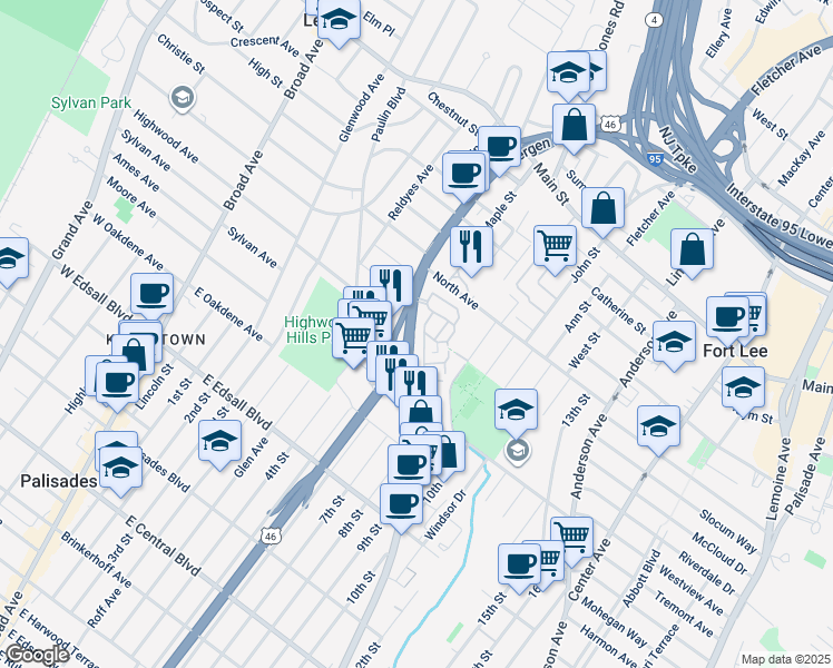 map of restaurants, bars, coffee shops, grocery stores, and more near 1480 Bergen Boulevard in Fort Lee